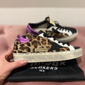 Authentic Golden Goose Hi Stars with cow hair and platform soles.